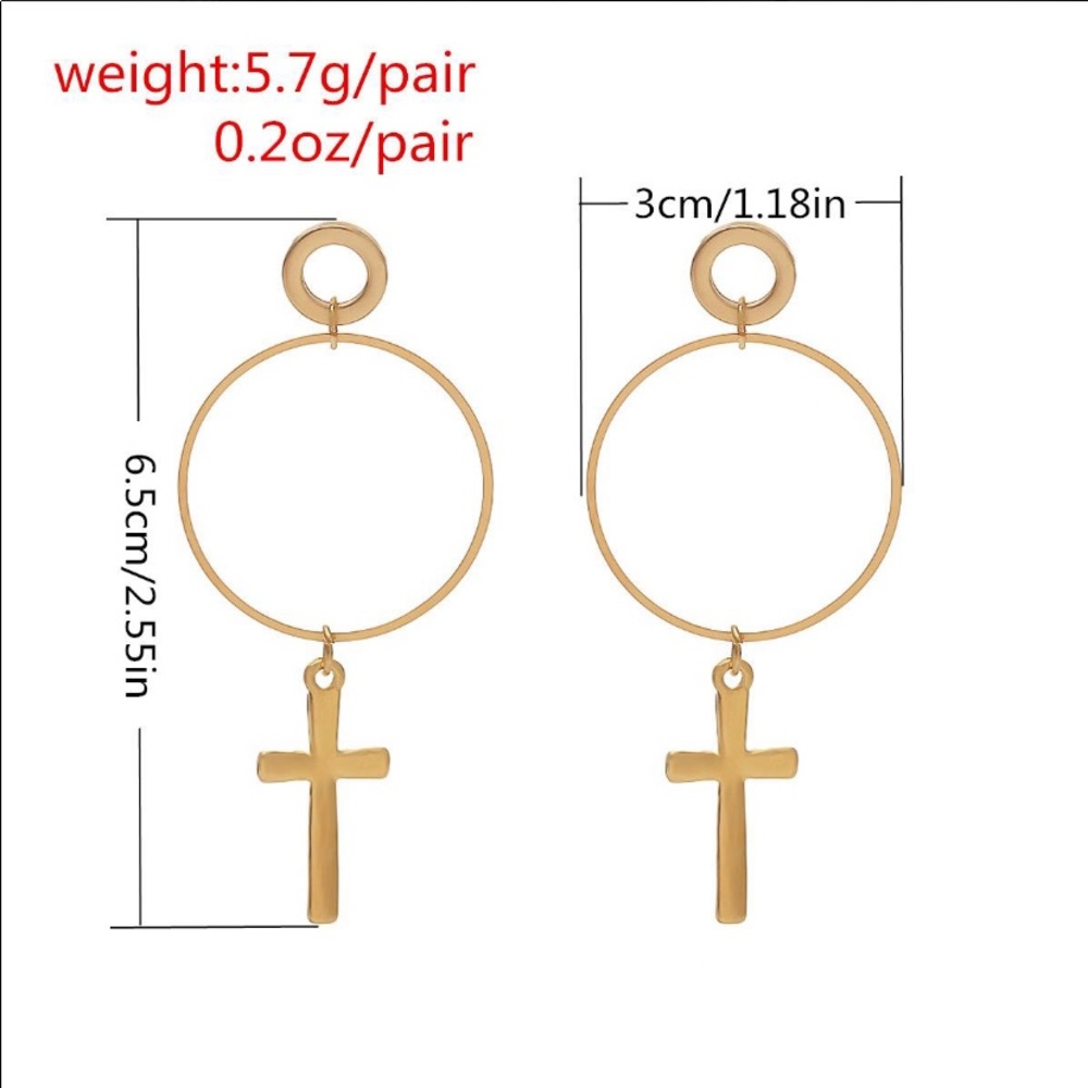 Cross Circled Drop Down Earrings Gold Tone or Silver Tone! - Picture 2 of 2